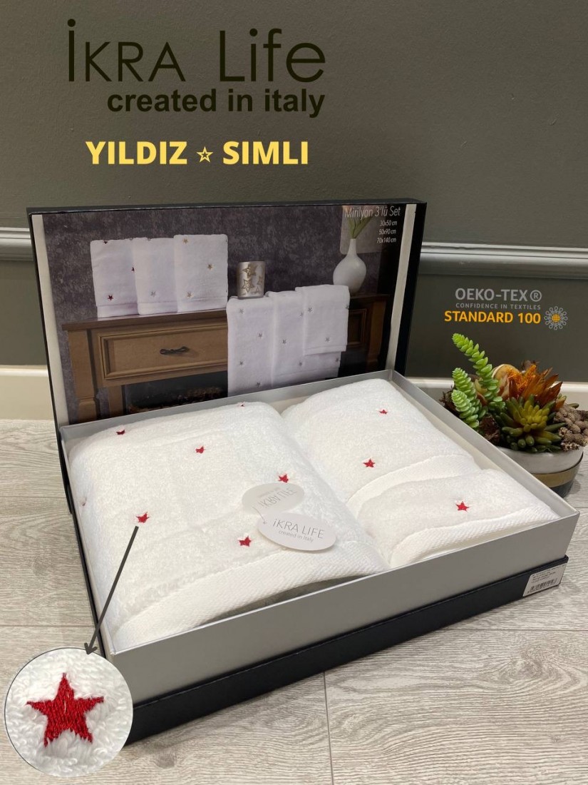 Ikra Life Yildiz Simli kirmizi / Подарочный набор полотенец из 3-х предметов