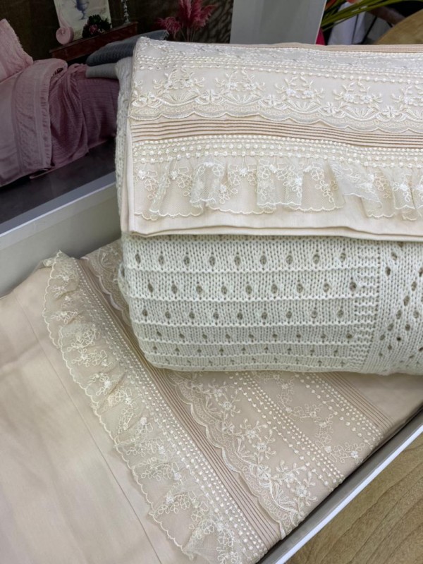 Gelin home “Ajurlu Triko” SAMPANYA / Комплект постельного белья с вязаным покрывалом