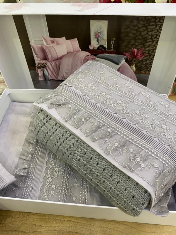 Gelin home “Ajurlu Triko” GRI / Комплект постельного белья с вязаным покрывалом