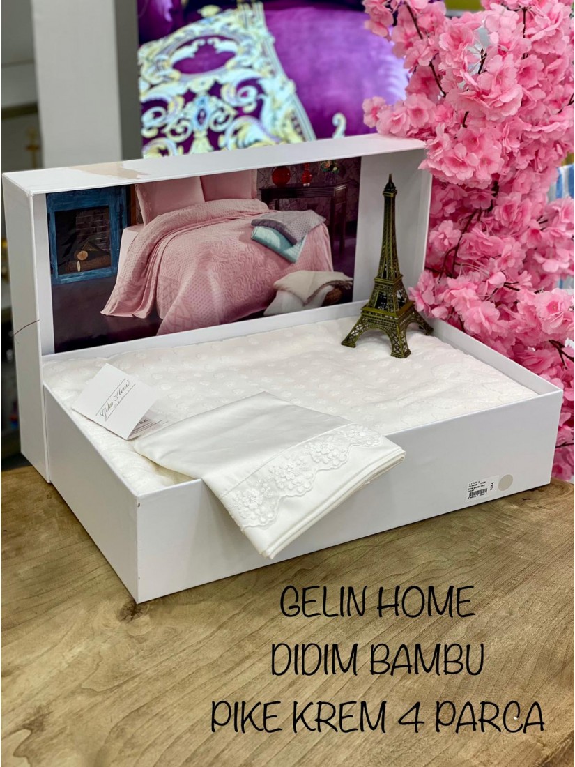Didim bamboo krem pike Gelin Home | Набор с покрывалом 2-спальный Сатин Делюкс из 4-x предметов